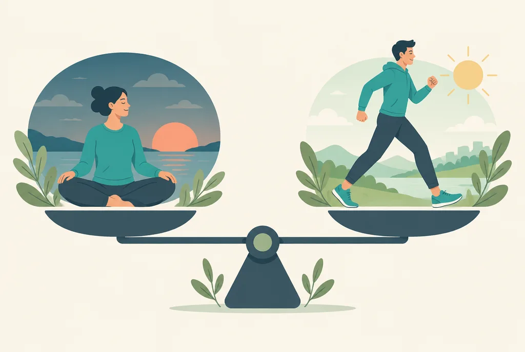 Illustration of an ashwagandha plant with roots and berries beside a calm seated person, evoking traditional herbal medicine meeting modern science