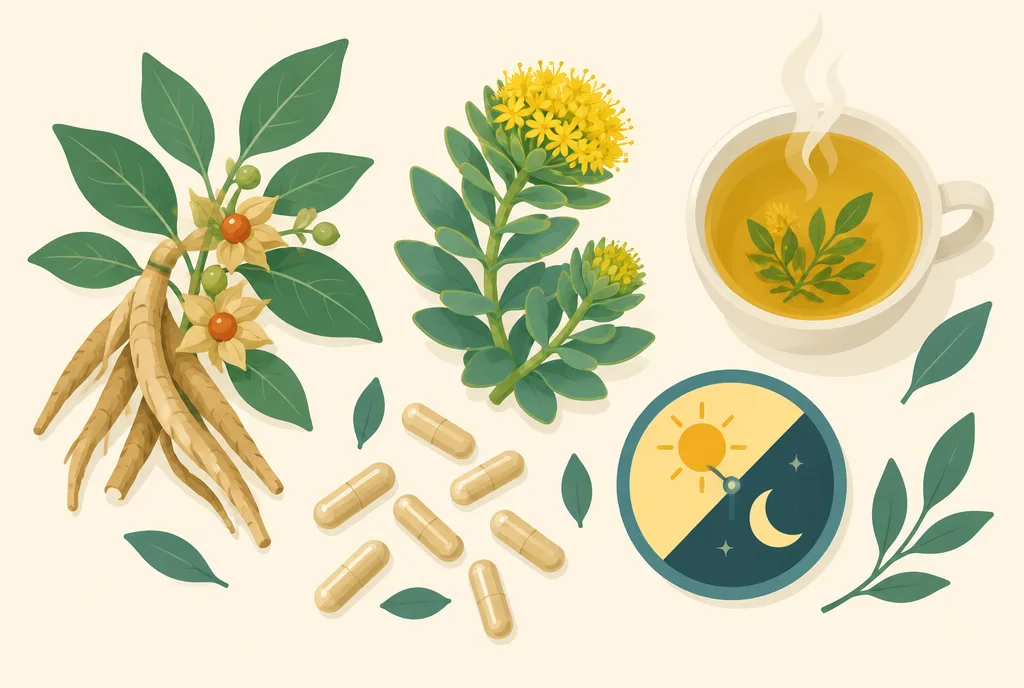 Flat-lay illustration of ashwagandha roots, leaves, powder in a small bowl, and supplement capsules arranged on a neutral background