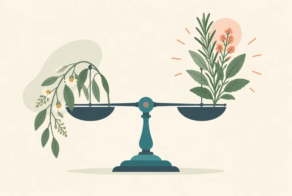 Illustration of two herbal branches balanced on a scale, one calming and drooping softly, one upright and energized, symbolizing ashwagandha versus rhodiola