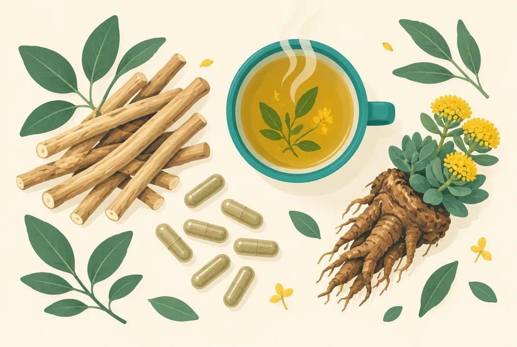 Flat-lay illustration of ashwagandha root, rhodiola root, supplement capsules, a cup of tea, and leaves arranged on a warm neutral background