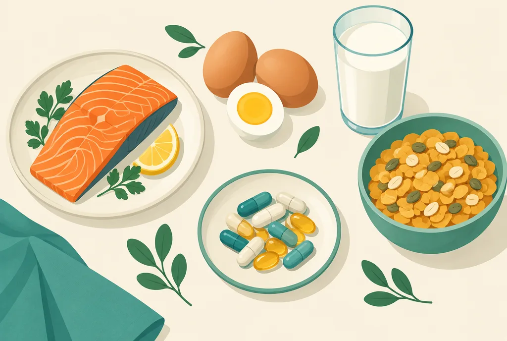 Flat-lay illustration of B12 sources and supplements: salmon, eggs, a glass of milk, fortified cereal, and supplement capsules