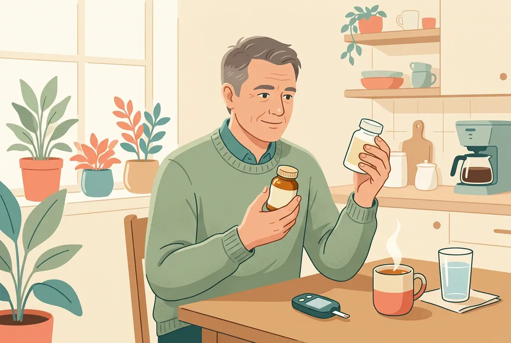 Illustration of a gray-haired man in a sage sweater at a sunny kitchen table, comparing a small amber supplement bottle with a white pill bottle, with a blood glucose meter, a cup of tea and a glass of water in front of him