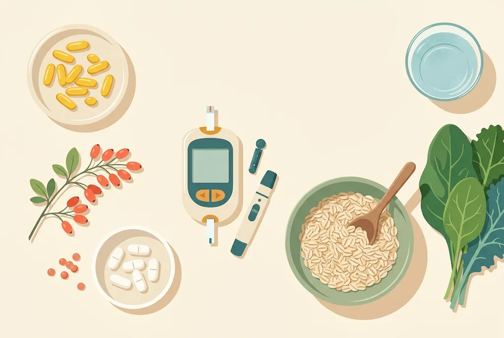 Flat-lay illustration of a dish of yellow capsules, a sprig of red barberries, a dish of white tablets, a blood glucose meter with a lancet pen, a bowl of oats, leafy greens and a glass of water
