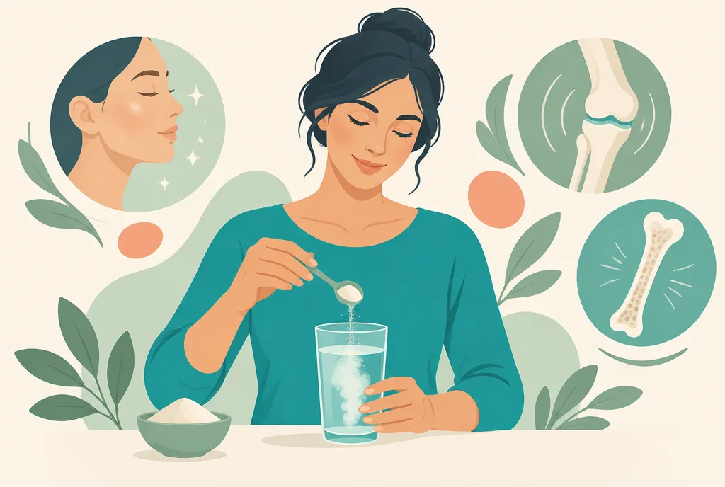 Illustration of a woman stirring collagen peptide powder into a glass, with soft shapes suggesting skin, joints, and bone around her