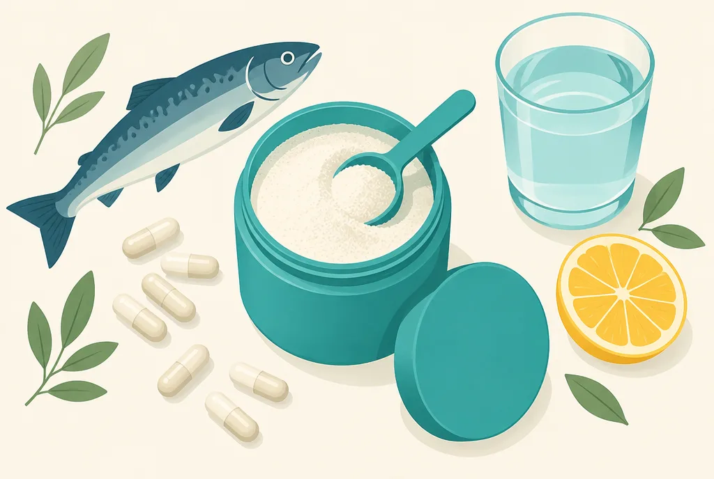 Flat-lay illustration of a jar of collagen powder, a scoop, capsules, a fish, citrus fruit, and a glass of water on a soft background