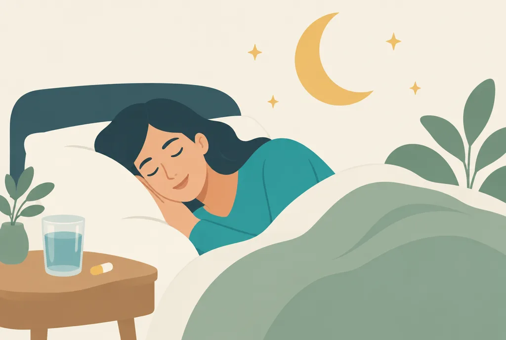 Illustration of a person sleeping peacefully in bed under a crescent moon, with a supplement capsule and glass of water on the nightstand