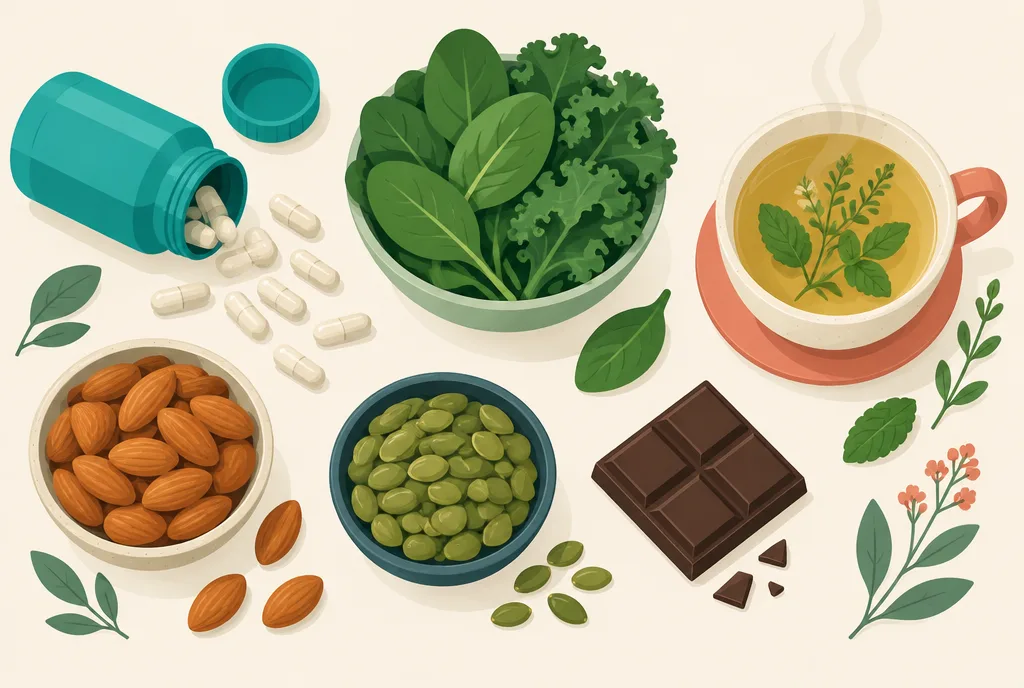 Flat-lay illustration of magnesium-friendly items: supplement capsules, leafy greens, almonds, pumpkin seeds, dark chocolate, and a cup of herbal tea