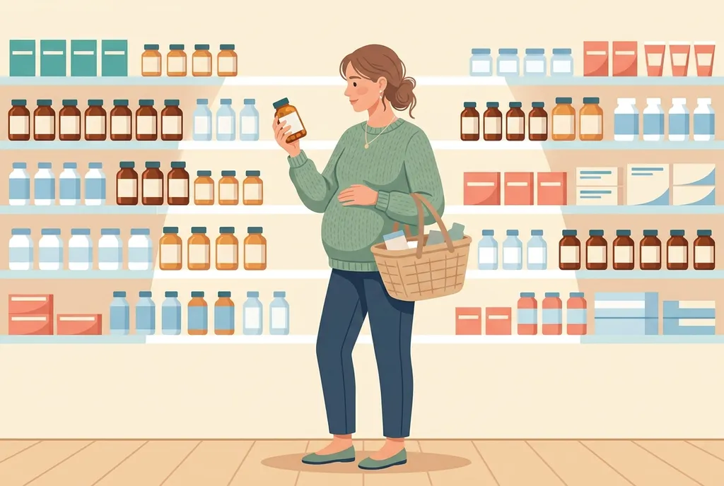 Illustration of a pregnant woman in a sage green sweater standing in a pharmacy aisle, reading the label on a small amber vitamin bottle, with a wicker basket on her arm and shelves of supplement bottles behind her