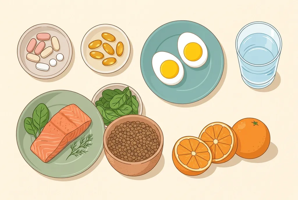 Flat-lay illustration of a dish of vitamin tablets, a dish of golden softgels, halved boiled eggs, a salmon fillet, a bowl of spinach leaves, a bowl of lentils, halved oranges and a glass of water
