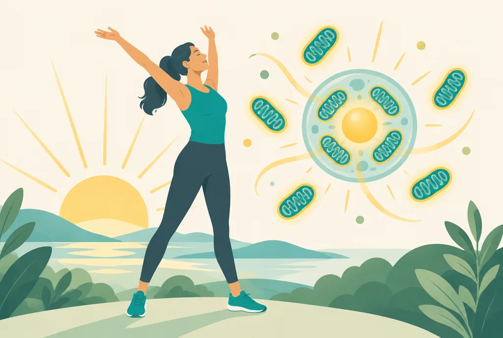 Illustration of an energized person stretching at sunrise, with a stylized glowing cell and mitochondria motif radiating soft light