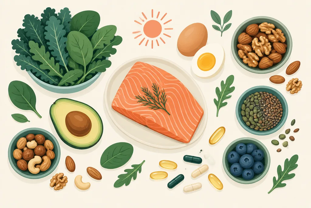 Flat-lay illustration of energy-supporting foods and supplements: leafy greens, salmon, eggs, nuts, capsules, and a softgel beside a sunburst