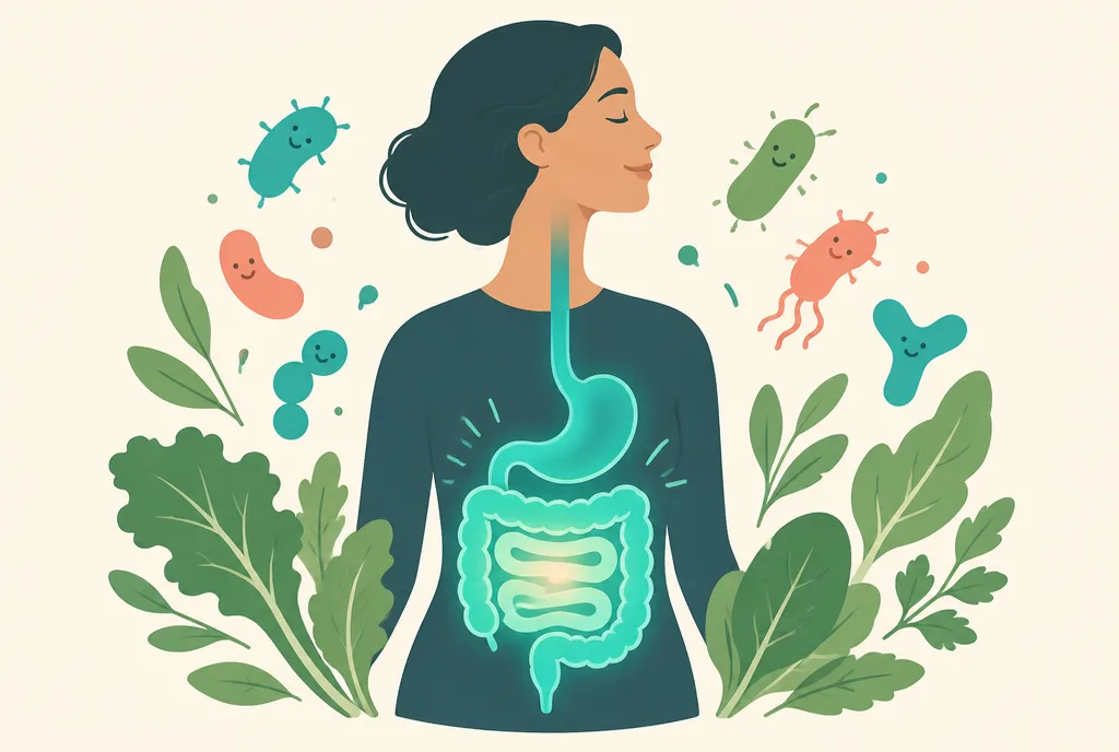 Illustration of a calm person with a glowing, healthy digestive tract surrounded by friendly gut bacteria and leafy foods