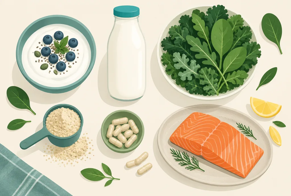 Flat-lay illustration of gut-friendly items: yogurt, kefir, capsules, fiber powder, salmon, and leafy greens arranged on a table