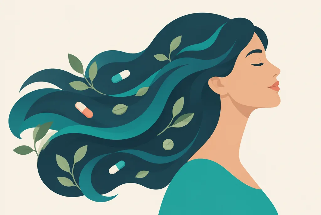 Illustration of a serene woman with thick flowing hair surrounded by leafy greens, capsules, and soft sunlight