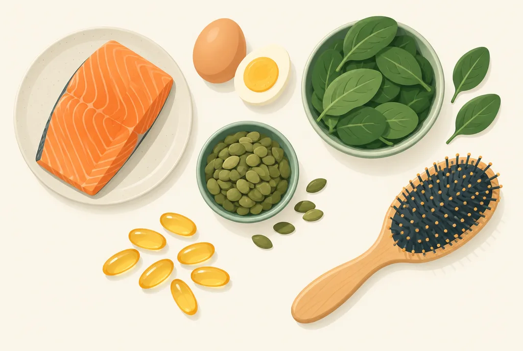 Flat-lay illustration of hair-supportive foods and supplements: salmon, eggs, spinach, pumpkin seeds, and capsules arranged around a hairbrush