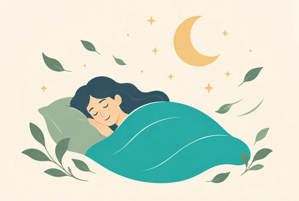 Illustration of a person sleeping peacefully under a crescent moon and stars, with soft leaves and a calming teal night sky