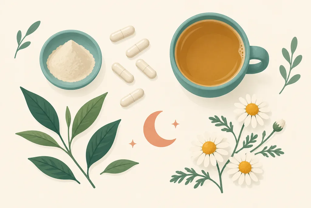 Flat-lay illustration of sleep supplements and calming foods: capsules, powder, green tea leaves, chamomile, and a small moon motif