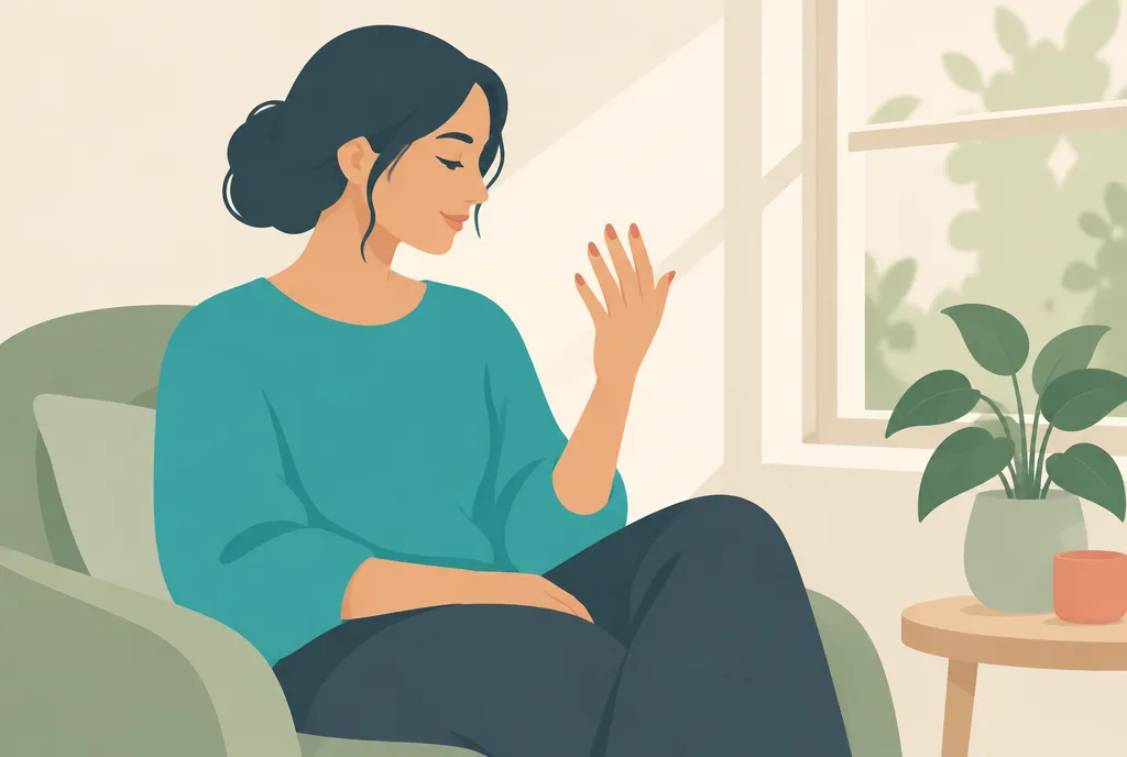 Illustration of a person gently inspecting the nails of one hand in soft light