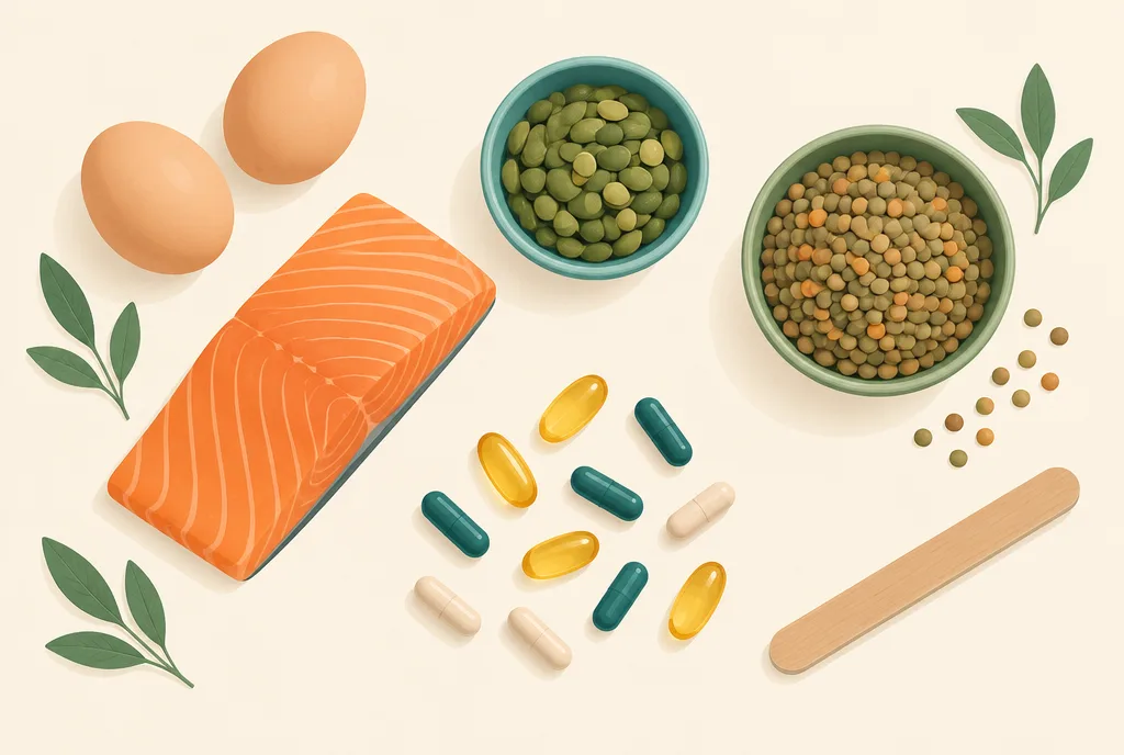 Flat-lay illustration of nail-supportive foods and supplements: eggs, salmon, pumpkin seeds, lentils, capsules, and a nail file