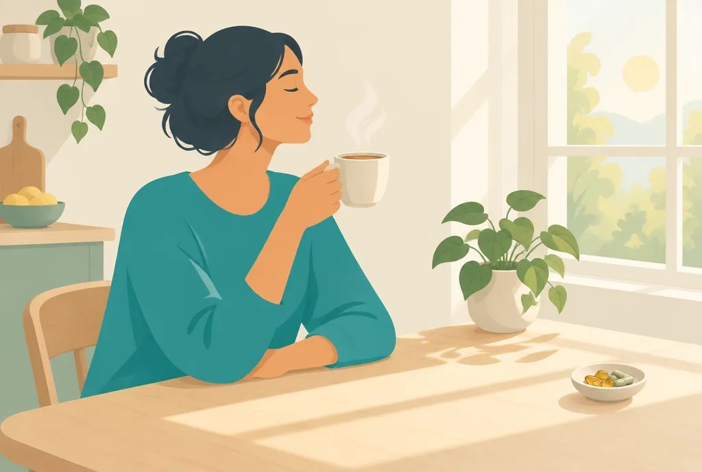 Illustration of a person enjoying a morning coffee at a bright kitchen table with supplement capsules set aside in a small dish