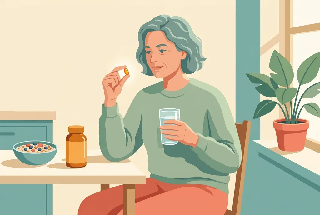 Illustration of a gray-haired person in a green sweater at a sunny kitchen table, holding an amber softgel capsule and a glass of water, with a supplement bottle, a bowl of oatmeal with berries and a potted plant nearby