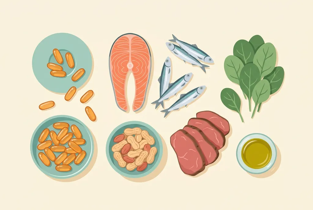 Flat-lay illustration of amber CoQ10 softgels in small dishes beside a salmon steak, sardines, a bowl of peanuts, sliced beef, spinach leaves and a dish of olive oil
