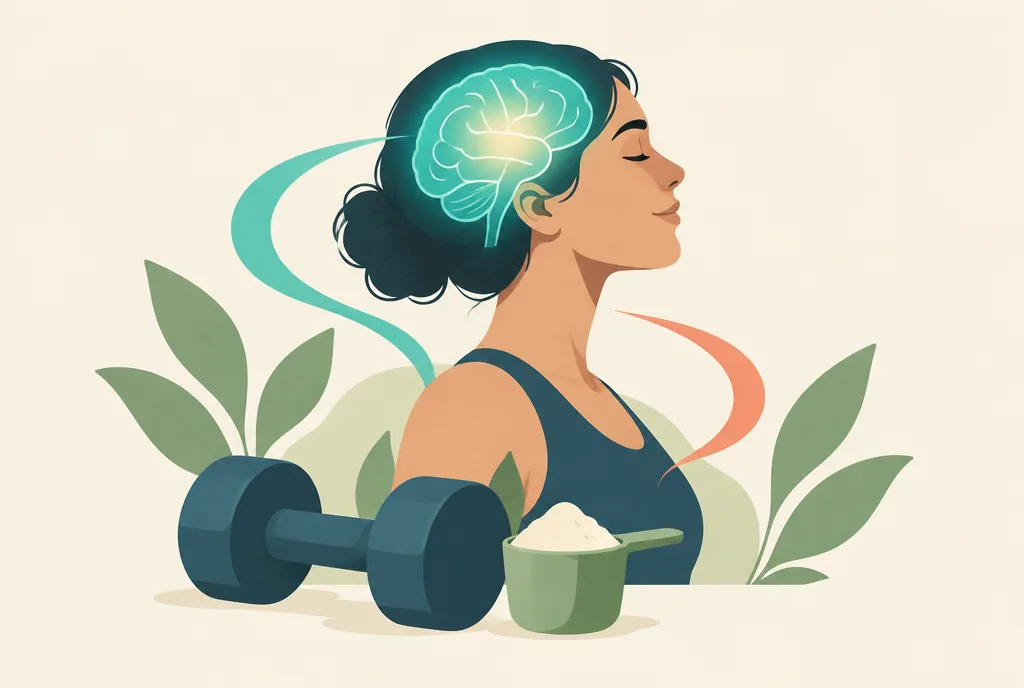 Illustration of a calm person with a glowing stylized brain, flanked by a dumbbell and a supplement scoop, suggesting energy for both mind and muscle