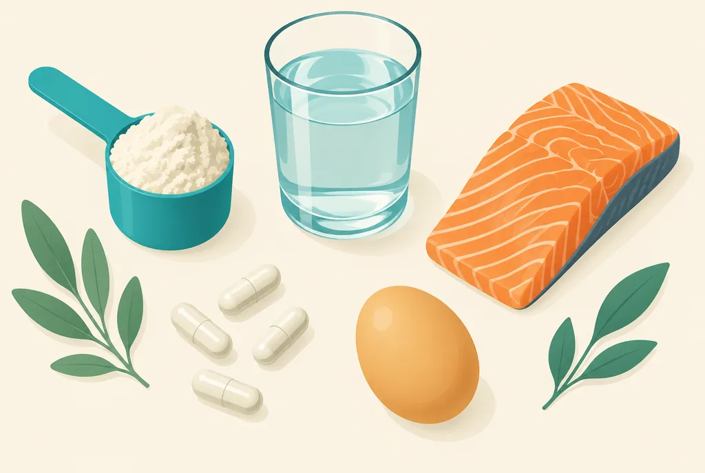 Flat-lay illustration of a supplement scoop with creatine powder, capsules, a glass of water, a salmon fillet, and an egg on a warm background
