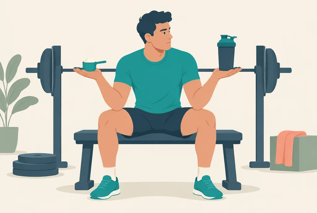 Illustration of a creatine scoop and a protein shaker side by side on a gym bench with a barbell resting behind them