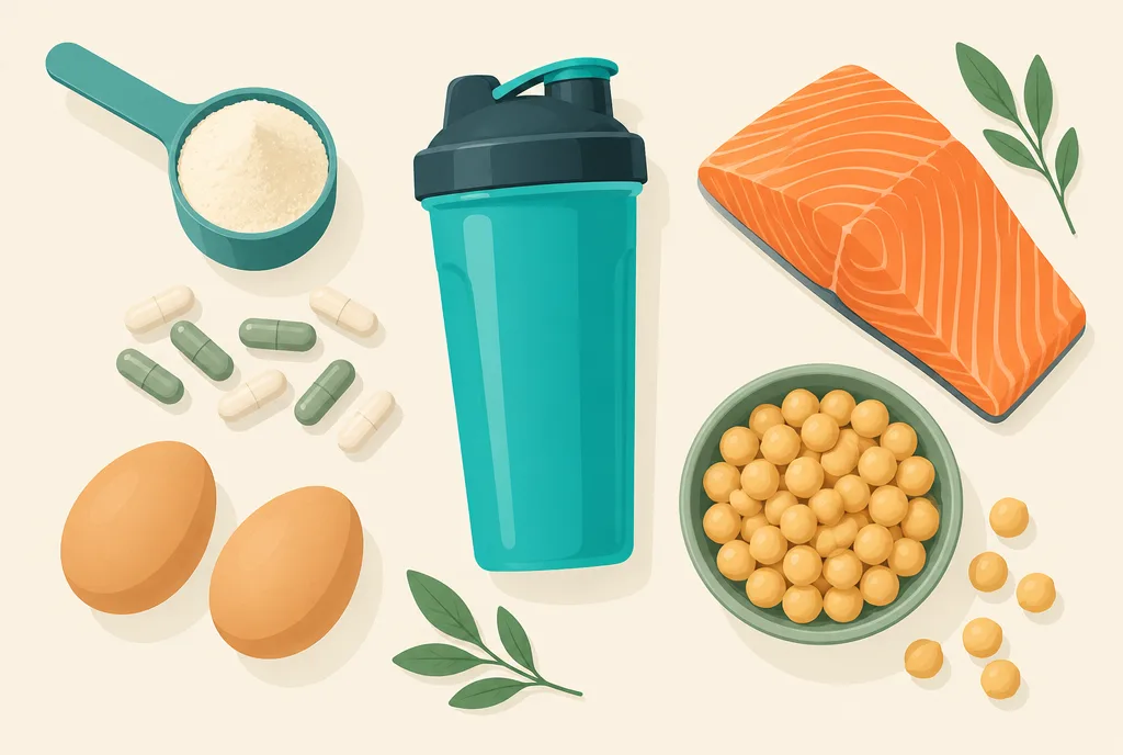 Flat-lay illustration of creatine powder in a scoop, a protein shake, eggs, salmon, and chickpeas arranged on a neutral surface