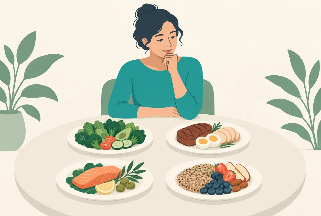 Illustration of a person at a table considering four plates representing vegan, keto, carnivore, and Mediterranean dietary patterns