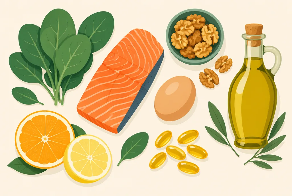 Flat-lay illustration of foods and supplement capsules from different diets: leafy greens, salmon, walnuts, eggs, olive oil, and softgels