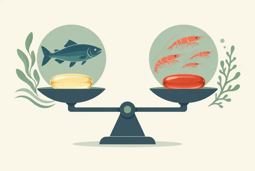 Illustration of a hand weighing a pale yellow fish oil softgel against a deep red krill oil capsule on a balance scale