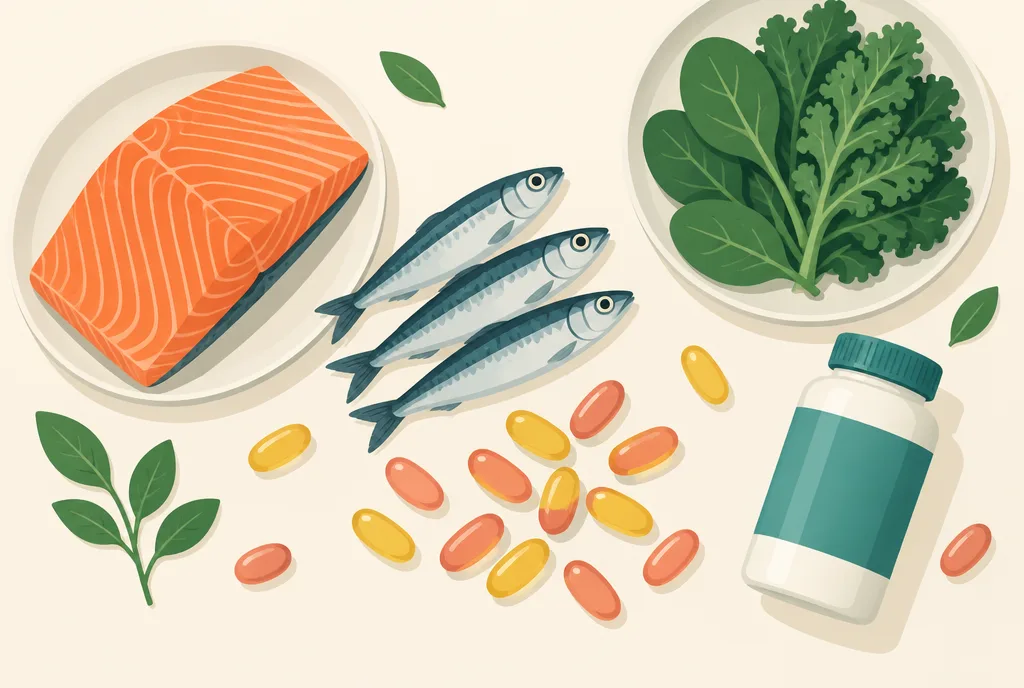 Flat-lay illustration of omega-3 sources: salmon fillet, sardines, krill, yellow and red softgel capsules, and a supplement bottle