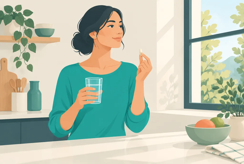 Illustration of a woman calmly taking a single gentle iron capsule with a glass of water in a bright morning kitchen