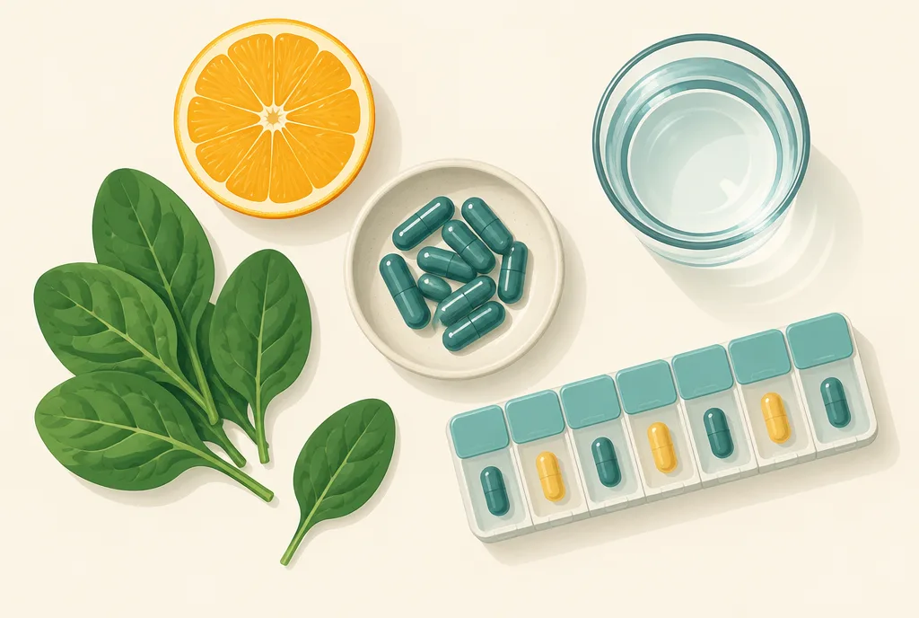 Flat-lay illustration of iron-friendly items: gentle iron capsules, a sliced orange, spinach leaves, a glass of water, and a pill organizer marked for alternate days