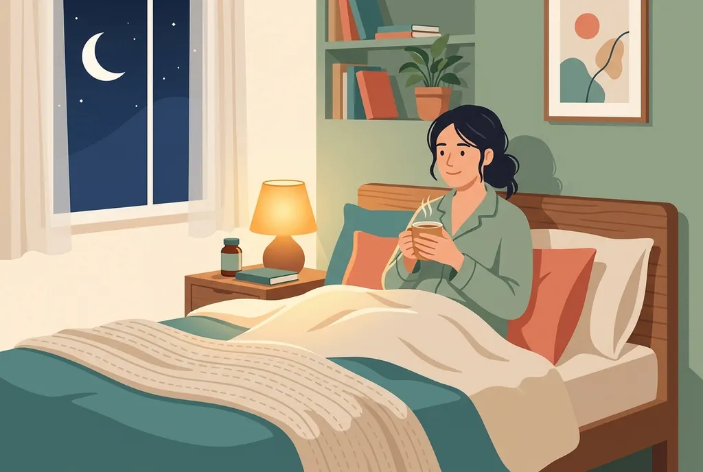 Illustration of a person sitting up in bed at night holding a warm mug, with a glowing bedside lamp, a supplement bottle on the nightstand, and a crescent moon in the window