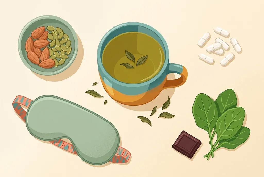 Flat-lay illustration of a cup of green tea with loose leaves, white capsules, a bowl of almonds and pumpkin seeds, spinach leaves, a square of dark chocolate, and a sleep mask