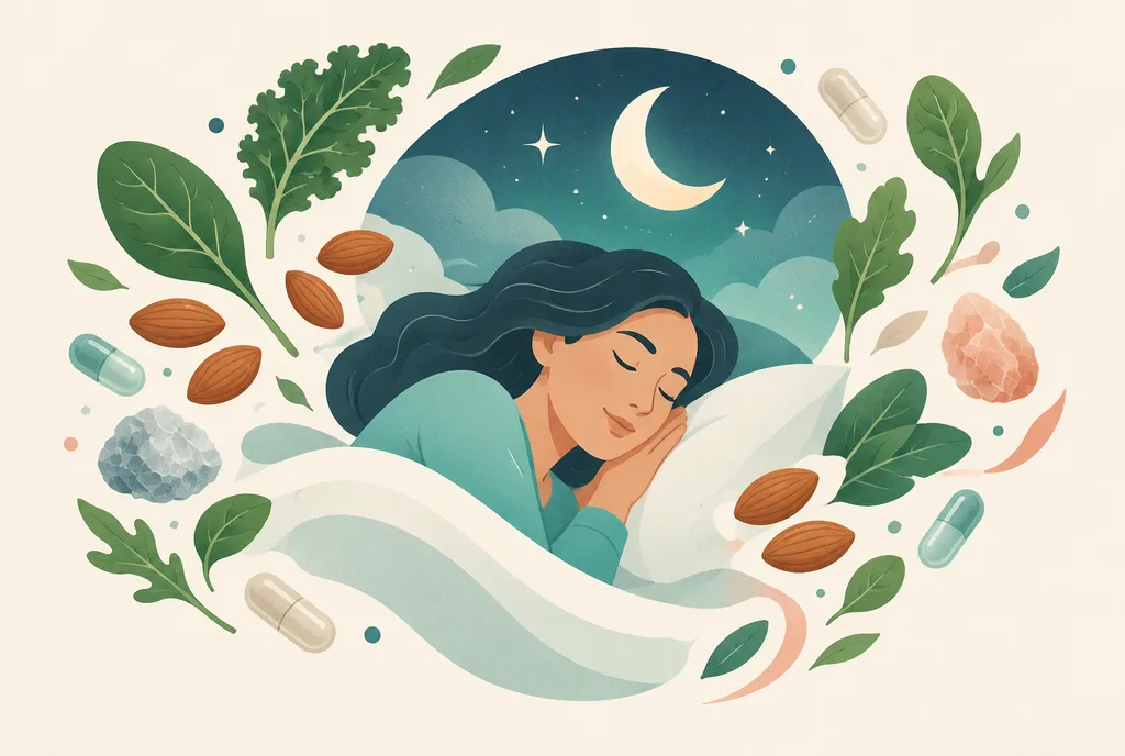 Illustration of a person sleeping peacefully surrounded by leafy greens, nuts, and mineral capsules representing magnesium
