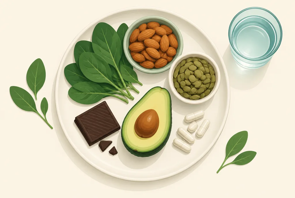 Flat-lay illustration of magnesium-rich foods and supplement capsules: spinach, almonds, pumpkin seeds, dark chocolate, and avocado