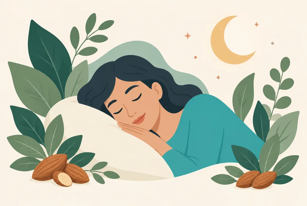 Calm illustration of a person winding down for sleep beside leafy greens, nuts, and mineral capsules representing magnesium