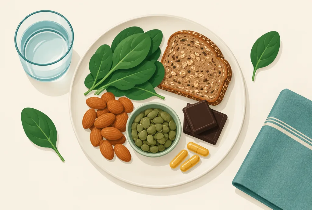 Flat-lay illustration of magnesium-rich foods and supplement capsules: spinach, whole grains, almonds, dark chocolate, and softgels