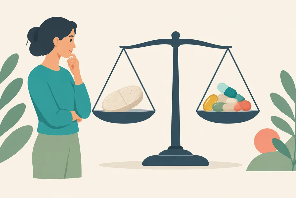 Illustration of a single large multivitamin tablet on one side of a balance scale and several small targeted supplement capsules on the other