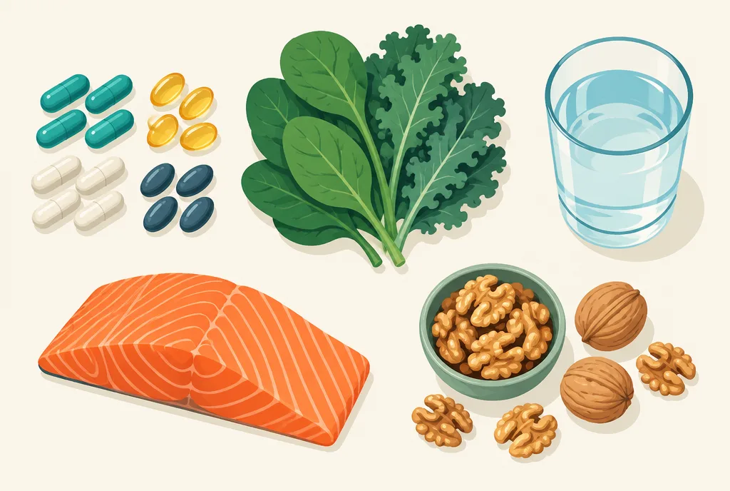 Flat-lay illustration of targeted supplement capsules and softgels arranged beside leafy greens, salmon, nuts, and a glass of water