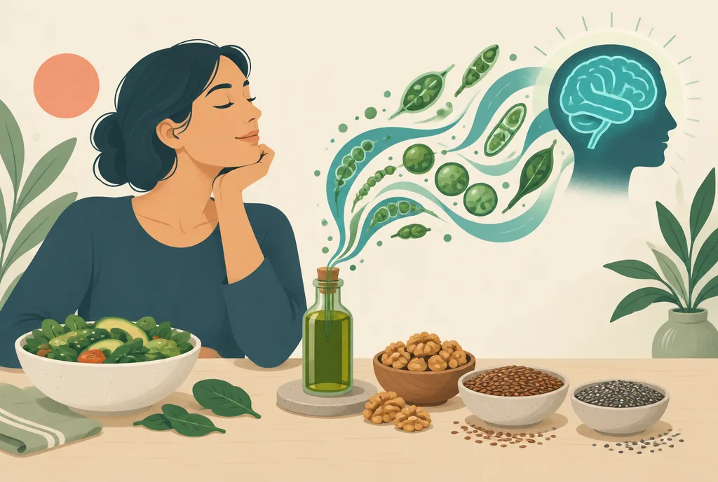 Illustration of a plant-based table setting with flaxseed, walnuts, chia seeds, and a bottle of algae oil beside green algae shapes