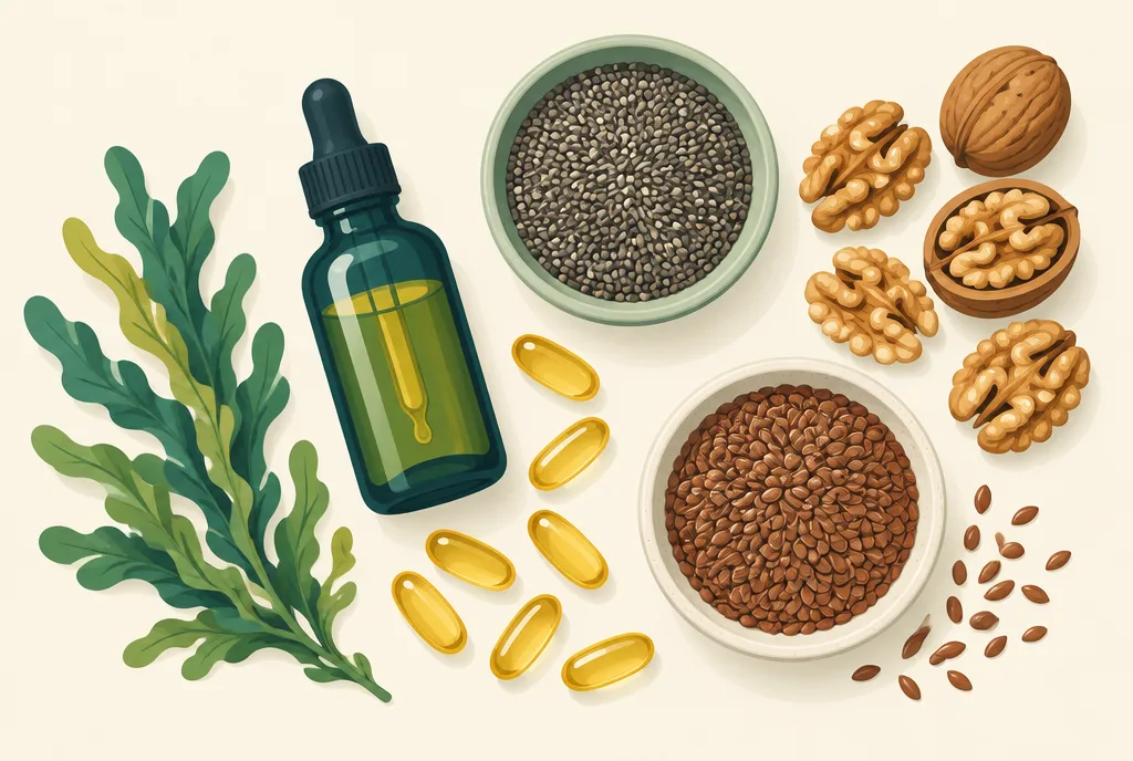Flat-lay illustration of algae oil softgel capsules, a dropper bottle, flaxseeds, walnuts, and chia seeds arranged on a warm background