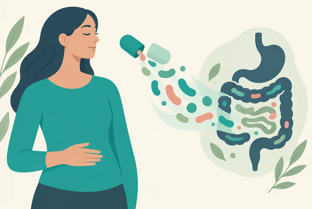Illustration of a woman with a calm expression resting a hand on her bloated stomach, with a probiotic capsule releasing soft beneficial-bacteria shapes toward her gut
