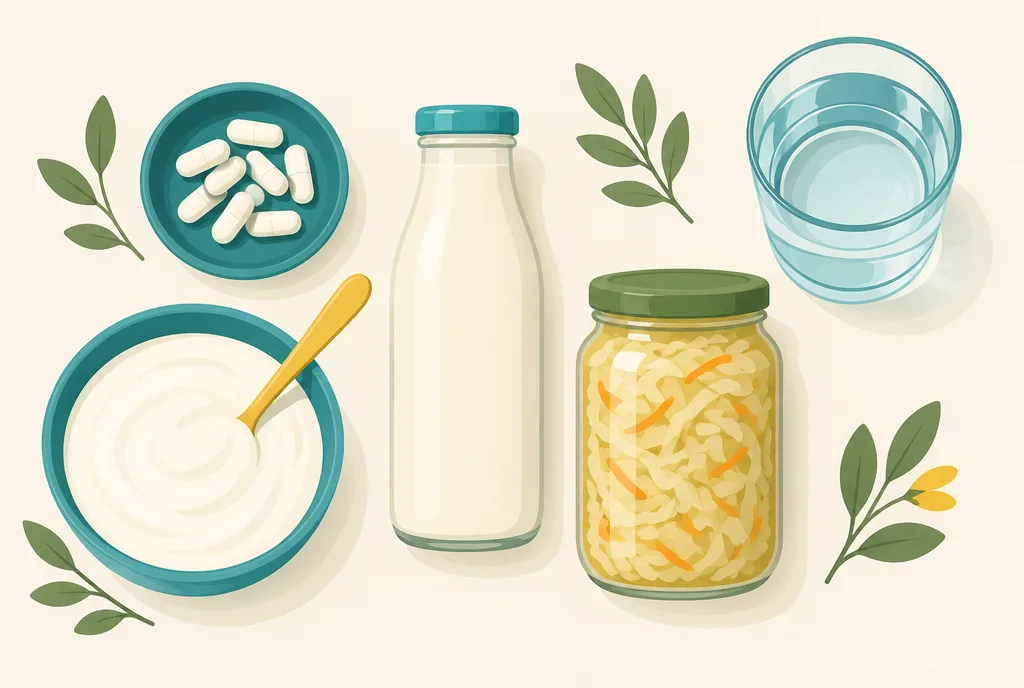 Flat-lay illustration of gut-friendly items: probiotic capsules, a yogurt bowl, kefir bottle, sauerkraut jar, and a glass of water arranged on a warm background