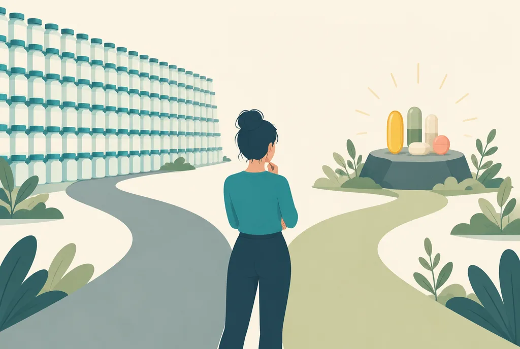 Illustration of a person standing at a fork between a generic wall of identical supplement bottles and a small personalized set matched to their silhouette