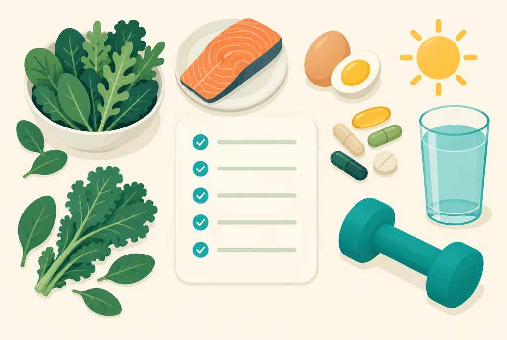 Flat-lay illustration of foods and supplements arranged around a personal checklist shape: leafy greens, salmon, eggs, capsules, a sun symbol, and a water glass